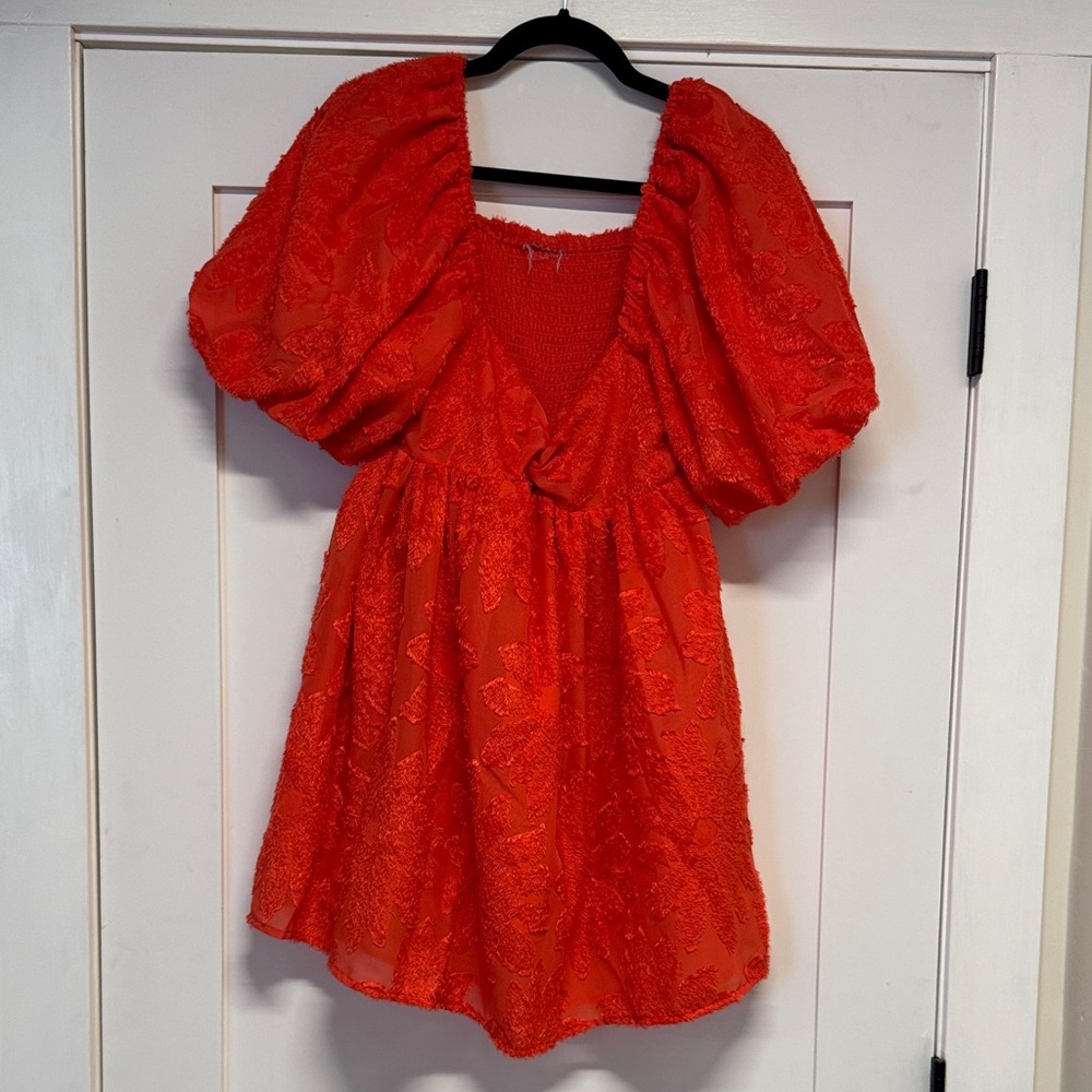 Coral Puff Sleeve Dress